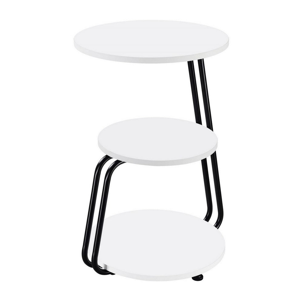 26 Inch Side End Table, 3 Tier Design, Black Metal Frame, White Finish - BM309263