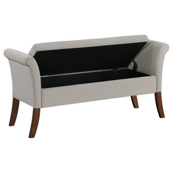 Ako 52 Inch Storage Bench, Button Tufting, Flared Arms, Beige Upholstery - BM309271