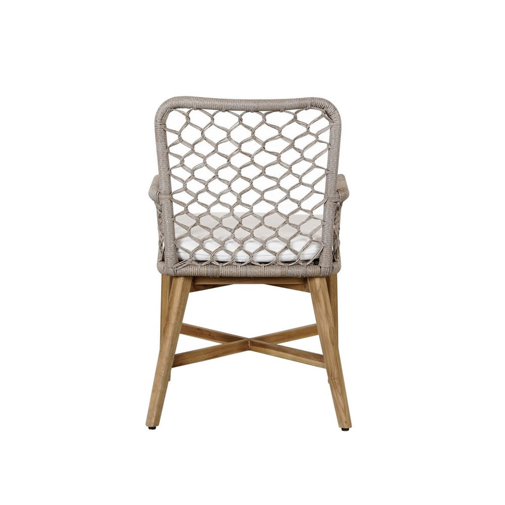Aok 23 Inch Teak Outdoor Dining Chair, Gray Woven Rope, Curved Back, Brown - BM309281
