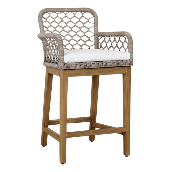 Aok 27 Inch Outdoor Counter Stool Chair, Gray Woven Rope, Curved, Brown Teak - BM309282