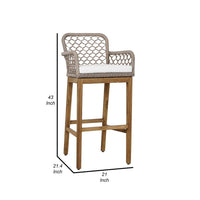 Aok 33 Inch Outdoor Barstool Chair, Gray Woven Rope, Curved Back, Brown Teak - BM309283