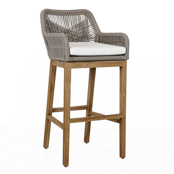 Navi 33 Inch Outdoor Barstool Chair, Woven Rope Crossed, Gray, Brown Teak - BM309284