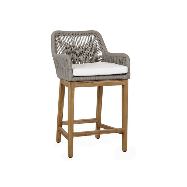 Navi 27 Inch Outdoor Counter Stool Chair, Woven Rope, Gray, Brown Teak - BM309285