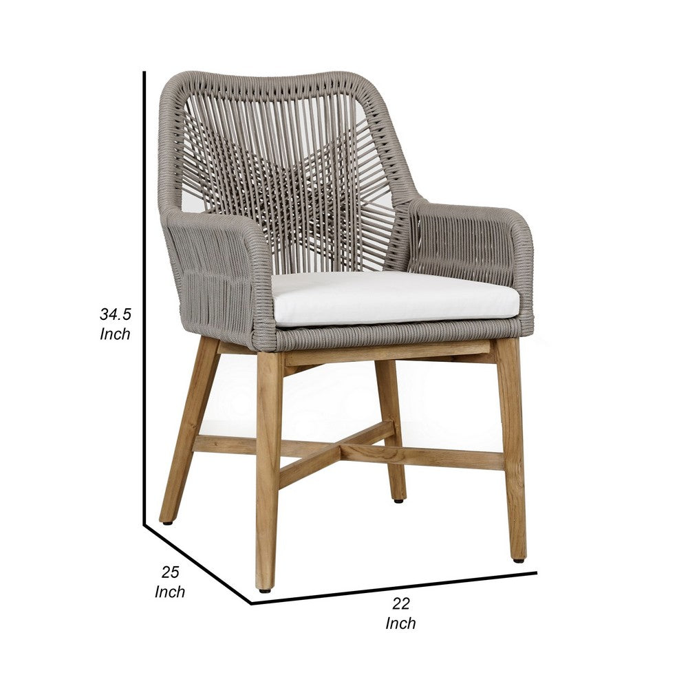 Navi 25 Inch Outdoor Dining Chair, Woven Rope, Ash Gray, Brown Teak Wood - BM309286