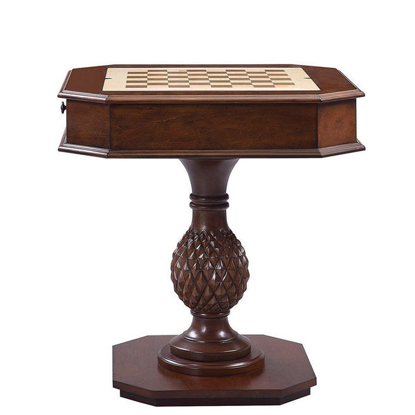30 Inch Game Table, Chess 3 in 1 Reversible Top, Cherry Brown Pedestal Base - BM309378
