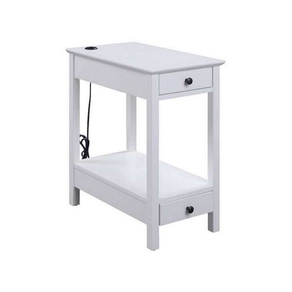 Zina 24 Inch Accent Side Table, 2 Drawers, White Pine Wood, USB Charger - BM309381