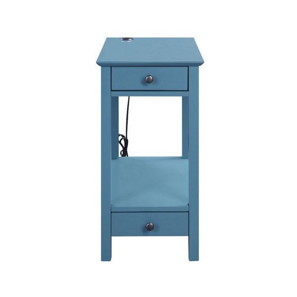 Zina 24 Inch Accent Side Table, 2 Drawers, Teal Blue Pine Wood, USB Charger - BM309382