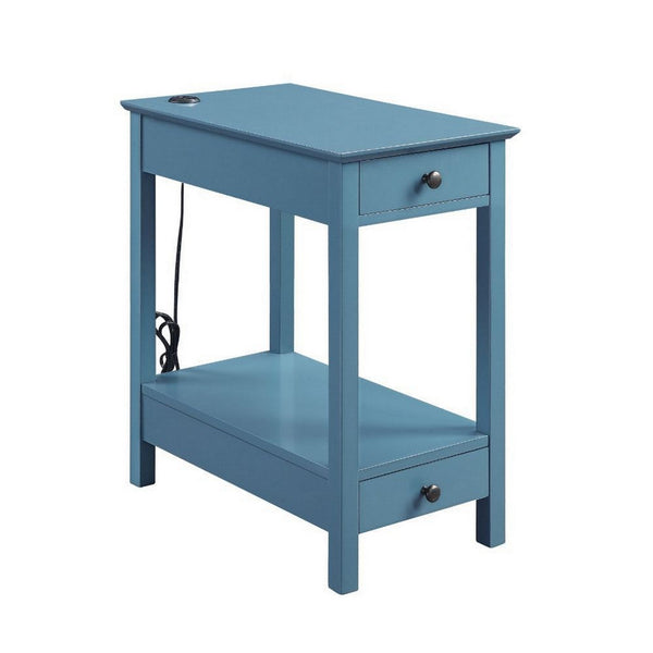 Zina 24 Inch Accent Side Table, 2 Drawers, Teal Blue Pine Wood, USB Charger - BM309382