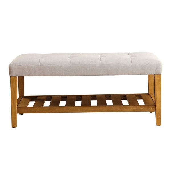 Sira 40 Inch Side Bench, Solid Wood, Gray Polyester, Slatted Open Shelf - BM309397