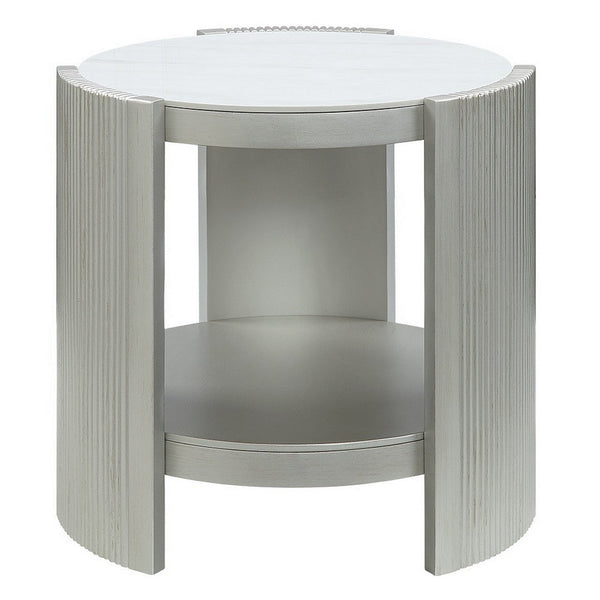 Kyna 26 Inch Side End Table, Modern Sintered Top, 1 Shelf, Round, Silver - BM309401