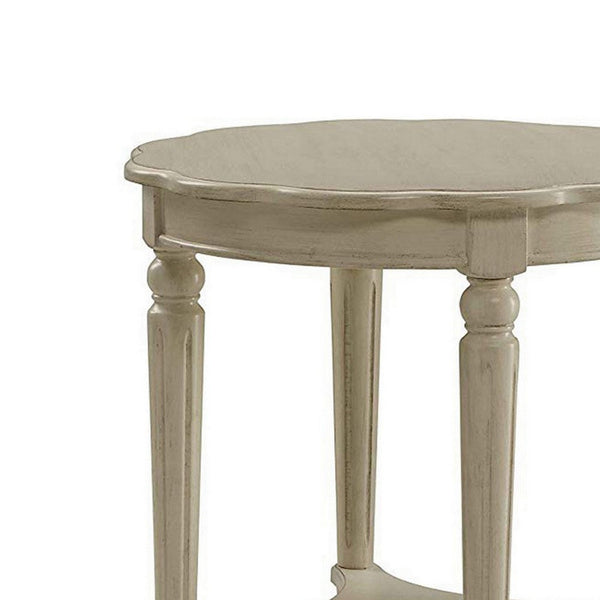 Fiza 24 Inch Side End Table, Solid Wood, Turned Legs, Antique White Finish - BM309410