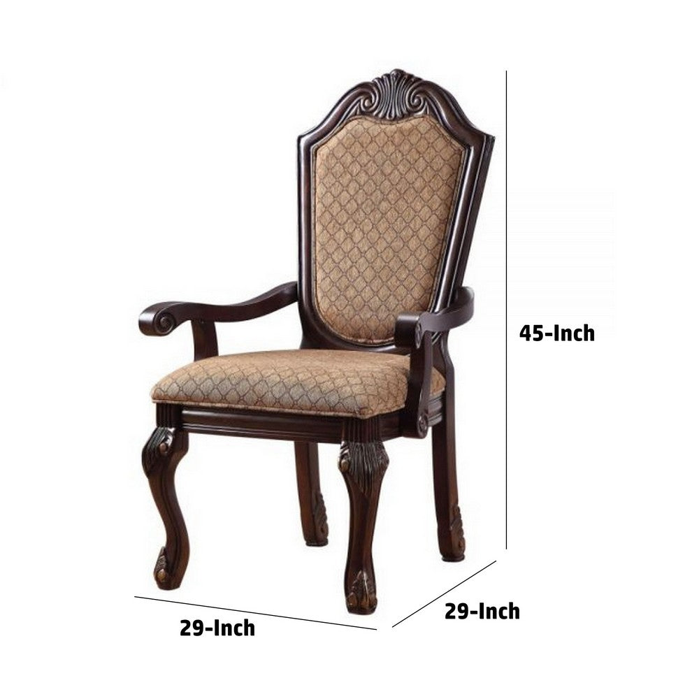 Loki 29 Inch Dining Armchair Set of 2, Beige Fabric, Crown Top Back, Brown  - BM309414