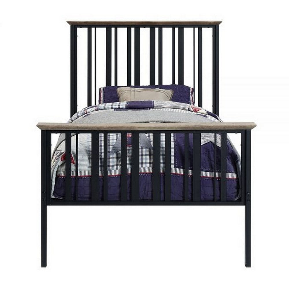 Nori Twin Bed with Slatted Metal Frame, MDF, Antique Oak Brown and Black - BM309434