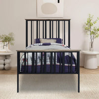 Nori Twin Bed with Slatted Metal Frame, MDF, Antique Oak Brown and Black - BM309434