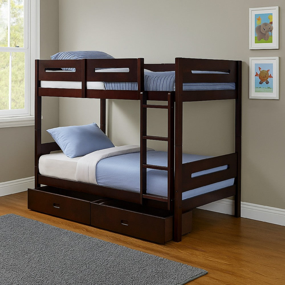 Asin Twin Bunk Bed, Front Facing Ladder, Storage, Solid Pine Wood, Brown - BM309457