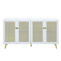 61 Inch Console Cabinet, 4 Metal Mesh Doors, LED Lighting, MDF, White  - BM309464