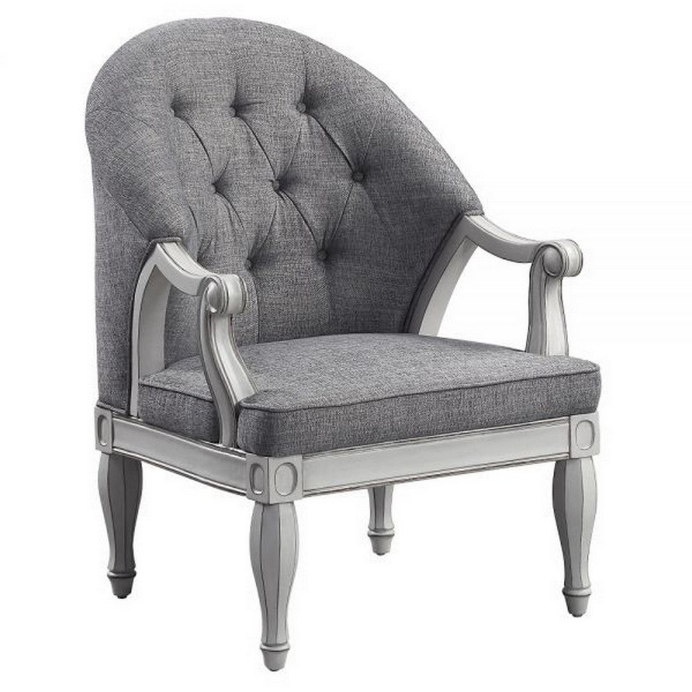 Fil 32 Inch Armchair, Tufted Backrest, Fabric Upholstery, Poplar Wood, Gray - BM309470