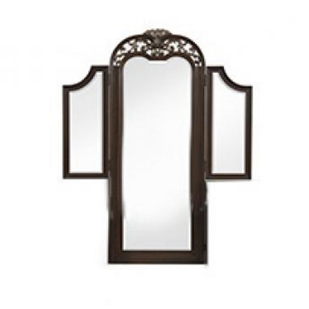 Liana 64 Inch Vanity Table Mirror, 3 Panels, Crown Carvings and Scrollwork - BM309489