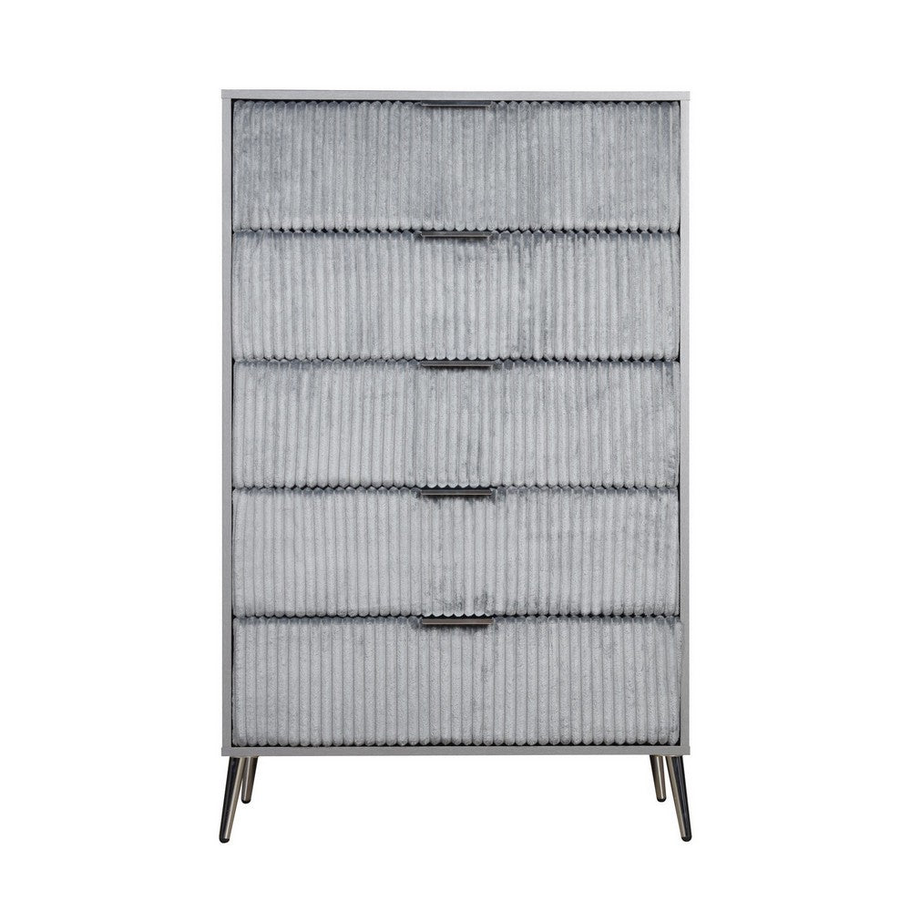 Moko 51 Inch Tall Dresser, 5 Fabirc Upholstered Drawers, Gray, Nickel - BM309530