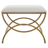 24 Inch Accent Stool, Cushioned, Double Arched, Off White Upholstery, Gold - BM309568