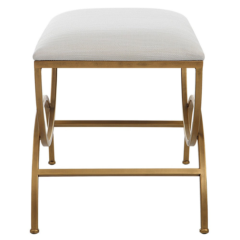 24 Inch Accent Stool, Cushioned, Double Arched, Off White Upholstery, Gold - BM309568