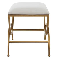 24 Inch Accent Stool, Cushioned, Double Arched, Off White Upholstery, Gold - BM309568