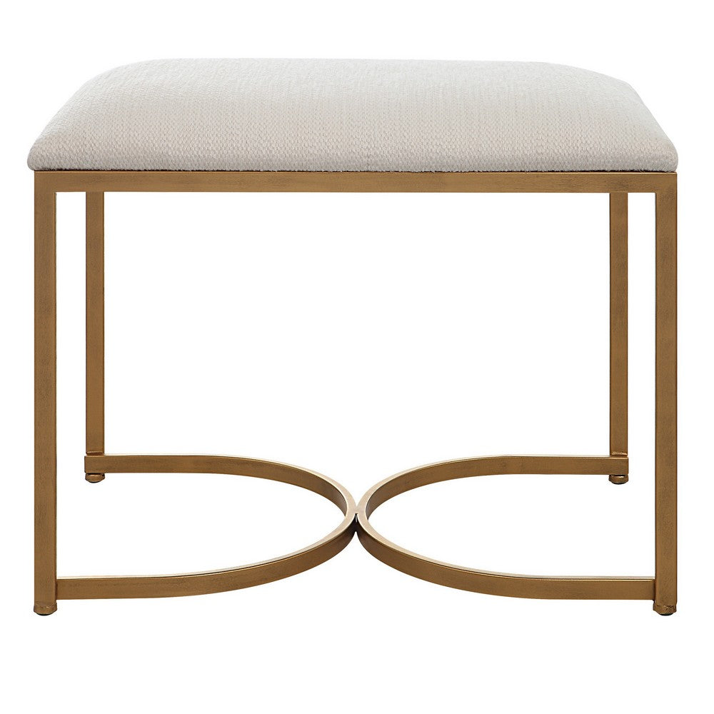 24 Inch Accent Stool, Cushioned Seat, Half Circle Design, Off White, Gold - BM309569