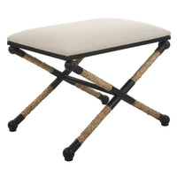 24 Inch Accent Stool, Cusioned Seat, Iron Black Frame, Off White Upholstery - BM309570