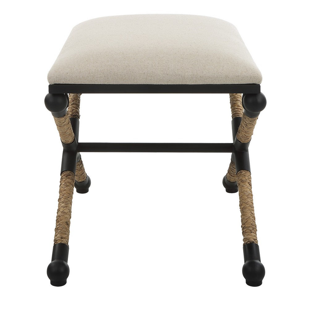 24 Inch Accent Stool, Cusioned Seat, Iron Black Frame, Off White Upholstery - BM309570