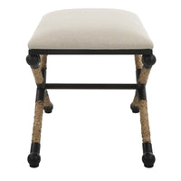 24 Inch Accent Stool, Cusioned Seat, Iron Black Frame, Off White Upholstery - BM309570