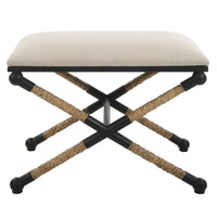 24 Inch Accent Stool, Cusioned Seat, Iron Black Frame, Off White Upholstery - BM309570