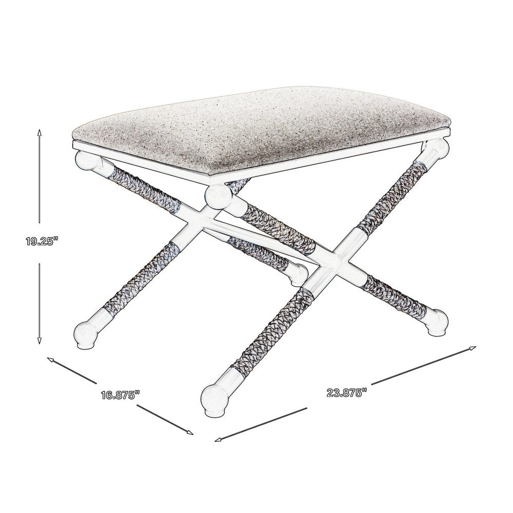 24 Inch Accent Stool, Cusioned Seat, Iron Black Frame, Off White Upholstery - BM309570