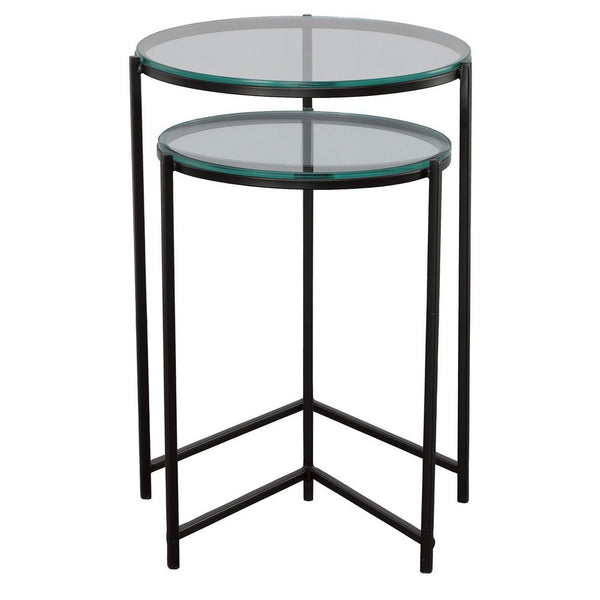 Set of 2 Nesting Tables, Round Clear Tempered Glass Tabletop, Black Frame - BM309571