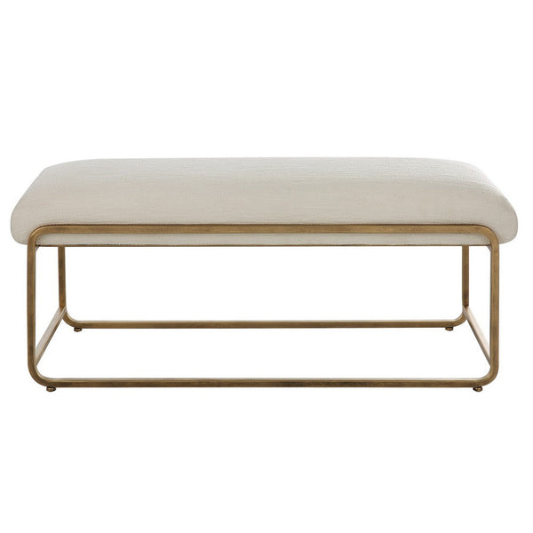 47 Inch Accent Stool, Cushioned, Antique Brushed Brass Frame, Off White - BM309572