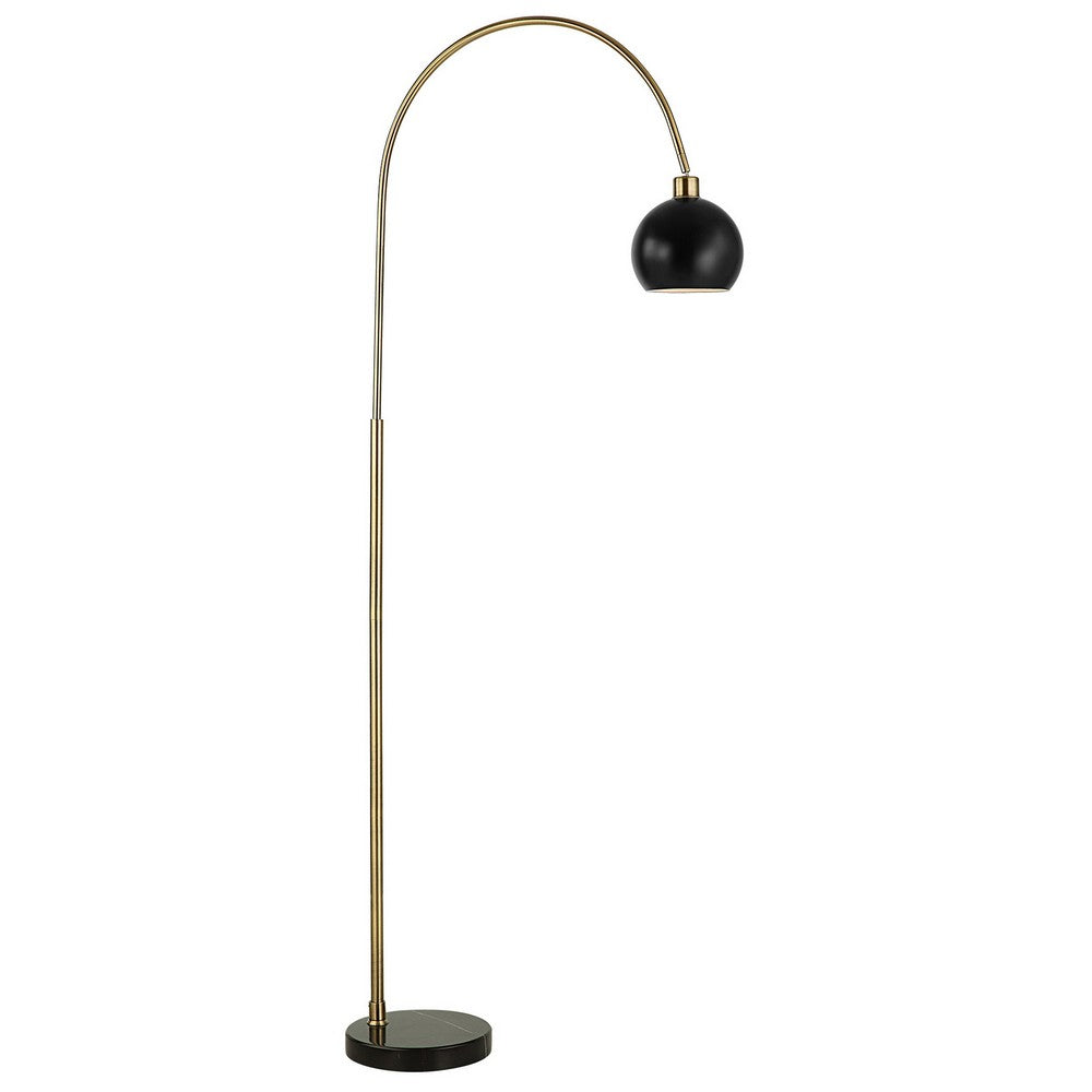 72 Inch Arc Floor Lamp, Black Metal Shade, Marble Foot, Antique Brass - BM309583