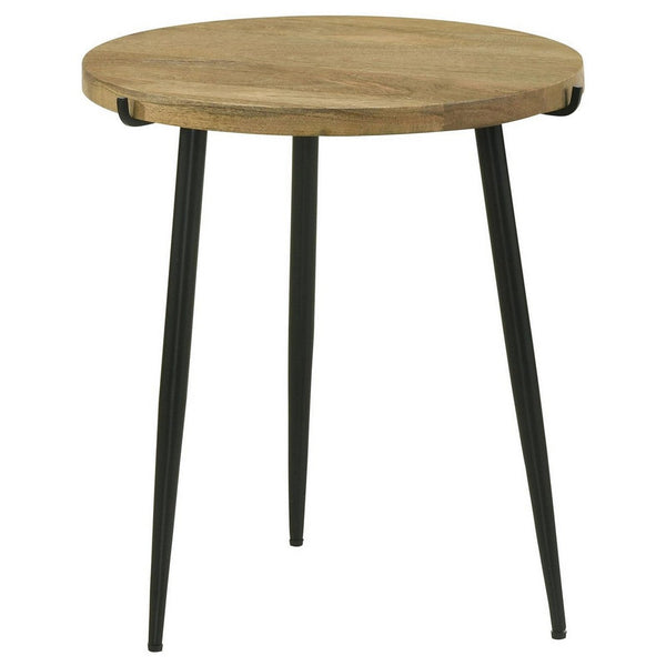 Pia 20 Inch Side End Table, Mango Wood Top, Round, Iron Tripod Legs - BM309593
