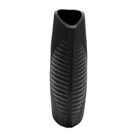 Ako 10 Inch Vase, Metal Ribbed Body Design, Curved Top, Matte Black Finish - BM309617