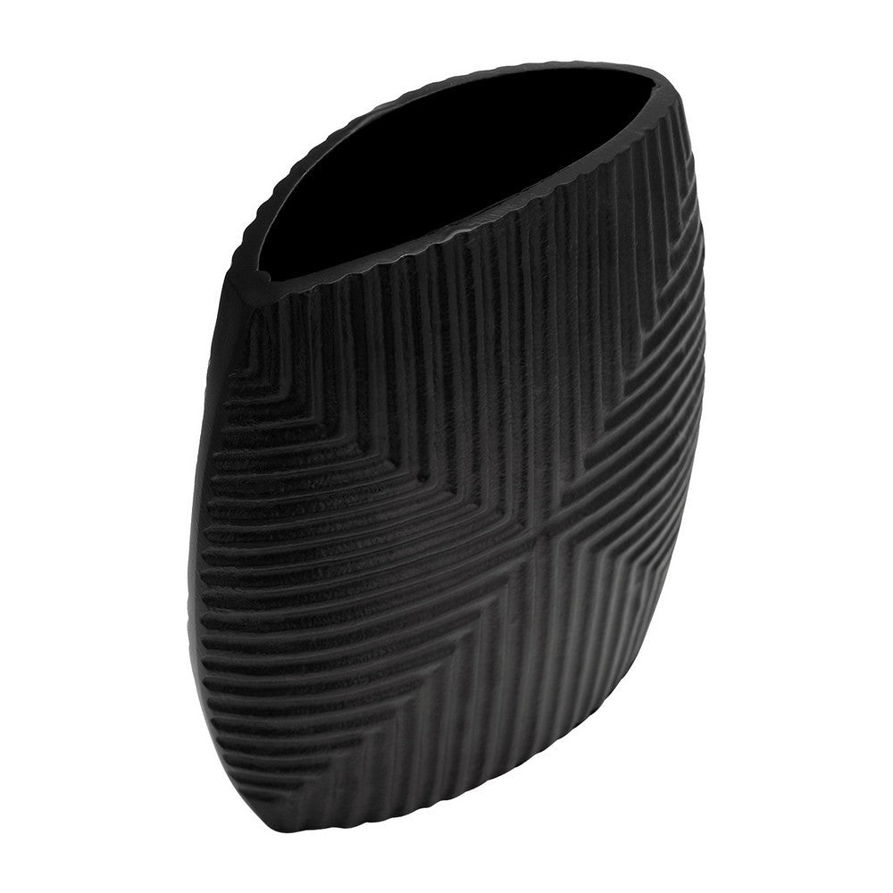 Ako 10 Inch Vase, Metal Ribbed Body Design, Curved Top, Matte Black Finish - BM309617