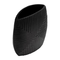Ako 10 Inch Vase, Metal Ribbed Body Design, Curved Top, Matte Black Finish - BM309617