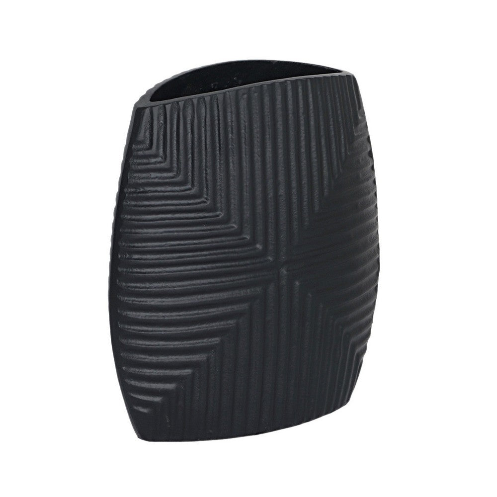 Ako 10 Inch Vase, Metal Ribbed Body Design, Curved Top, Matte Black Finish - BM309617