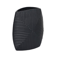 Ako 10 Inch Vase, Metal Ribbed Body Design, Curved Top, Matte Black Finish - BM309617