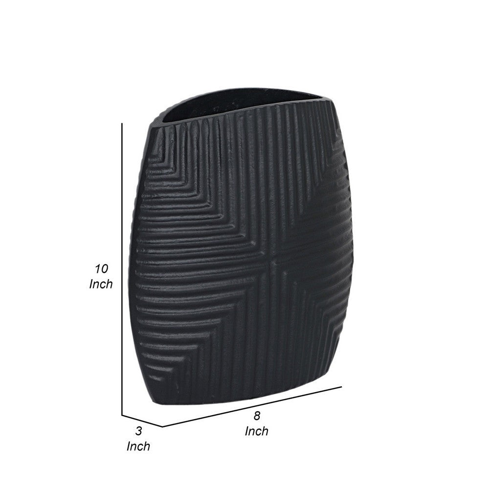 Ako 10 Inch Vase, Metal Ribbed Body Design, Curved Top, Matte Black Finish - BM309617