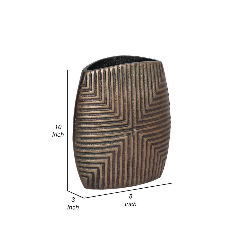 Ako 10 Inch Vase, Modern, Ribbed Body Design, Curved Top, Antique Brass - BM309618