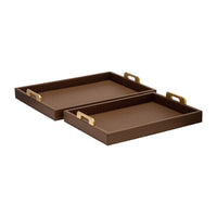 Eli 16, 18 Inch Set of 2 Trays, Stitched, Gold Handles, Brown Faux Leather - BM309619