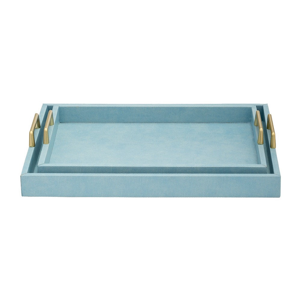 Eli 16, 18 Inch Set of 2 Trays, Stitched, Gold Handles, Blue Faux Leather - BM309620
