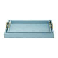 Eli 16, 18 Inch Set of 2 Trays, Stitched, Gold Handles, Blue Faux Leather - BM309620