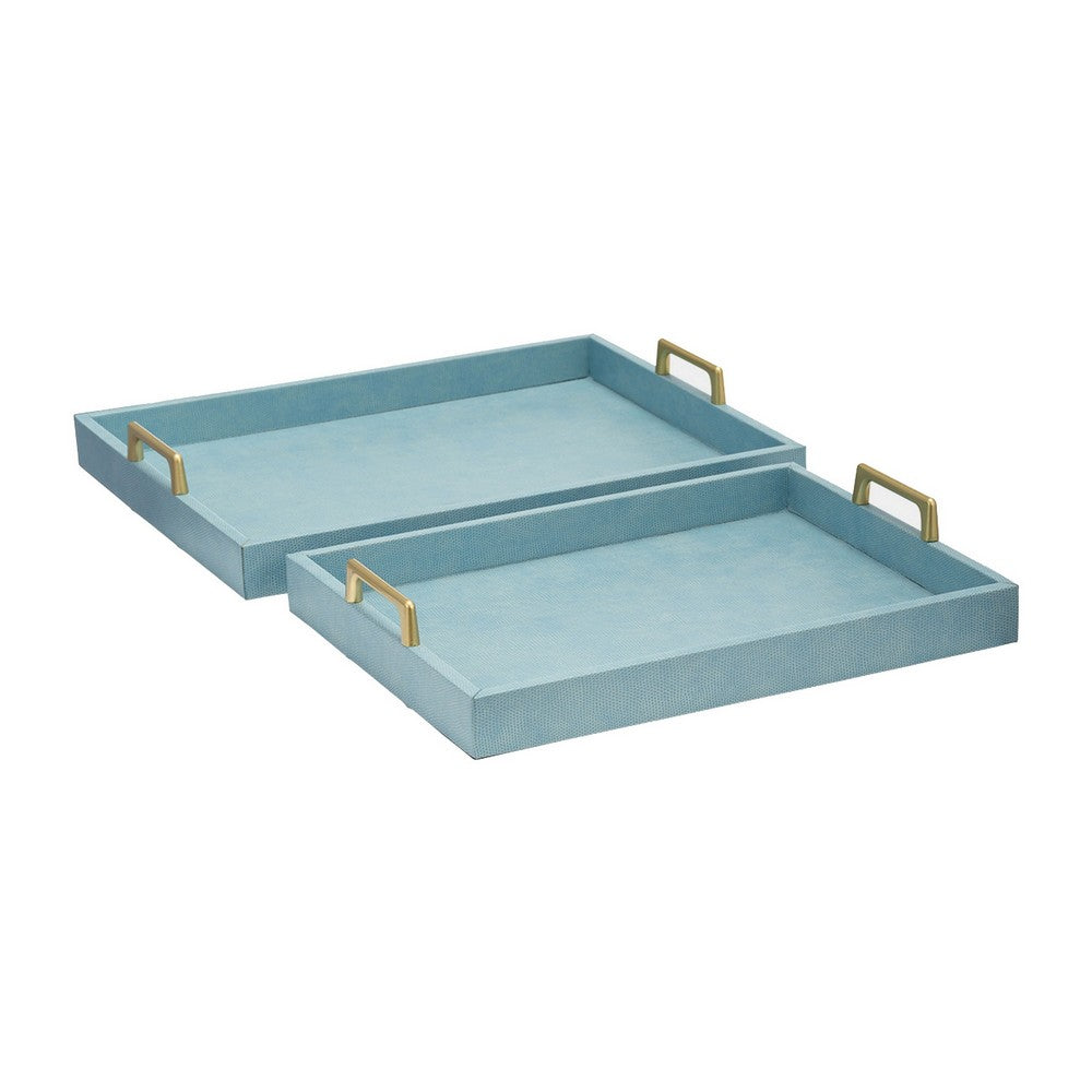 Eli 16, 18 Inch Set of 2 Trays, Stitched, Gold Handles, Blue Faux Leather - BM309620