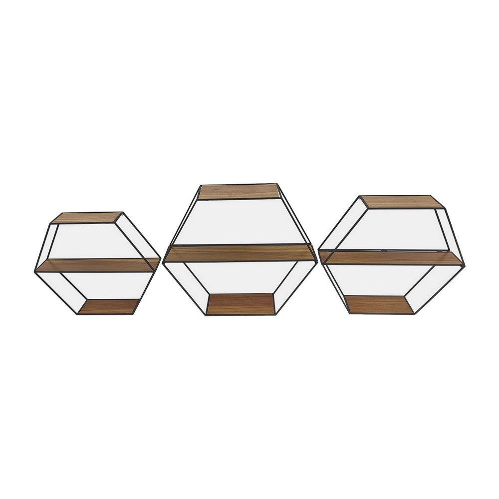 Fedo Wall Shelf Set of 3, Black Metal, Modern Hex Folding, Wood Brown - BM309623