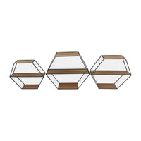 Fedo Wall Shelf Set of 3, Black Metal, Modern Hex Folding, Wood Brown - BM309623