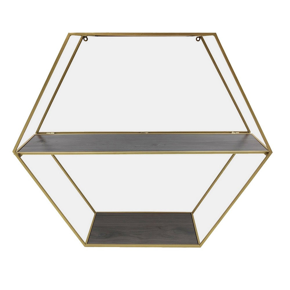 Fedo Wall Shelf Set of 3, Gold Metal, Modern Hex Folding, Wood Gray - BM309624